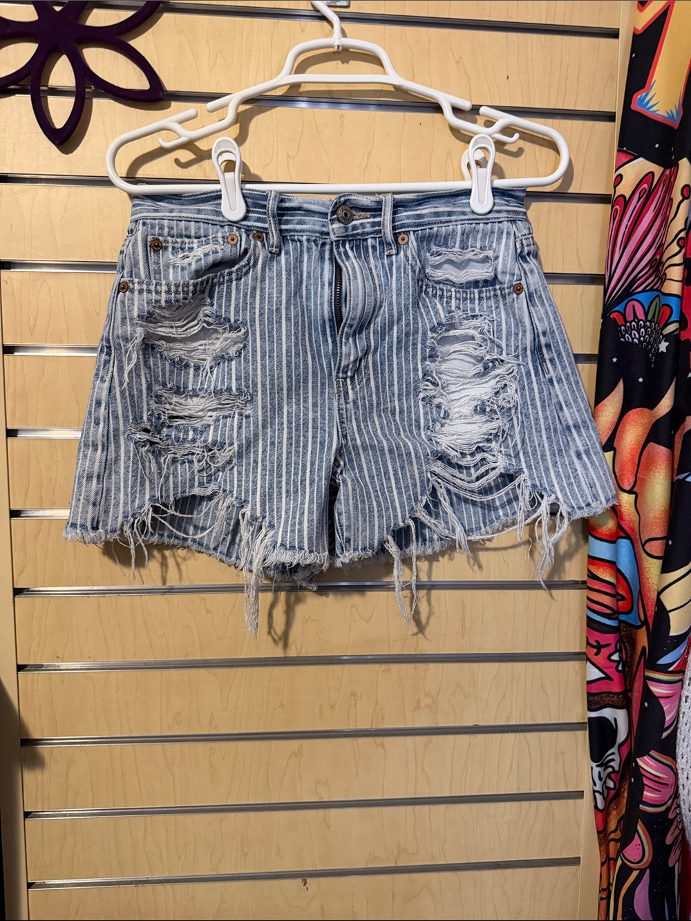 American Eagle Outfitters Blue and White Striped Distressed Denim Shorts